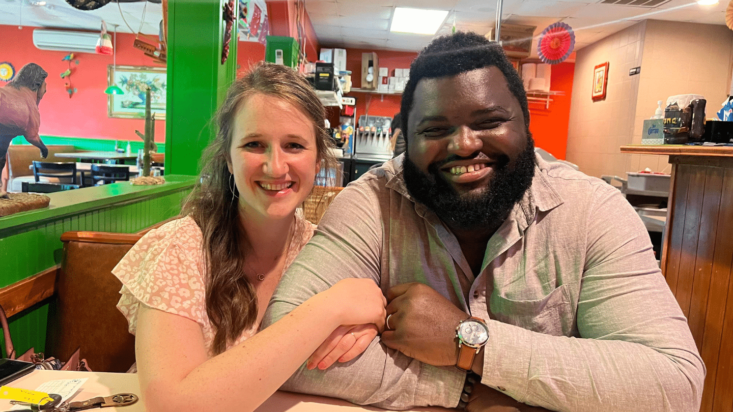 Samuel Sey with his wife, in an image from a fundraiser organized by former Babylon Bee editor Joel Berry, which has raised more than $23,000 for Sey’s legal defense. (Photo